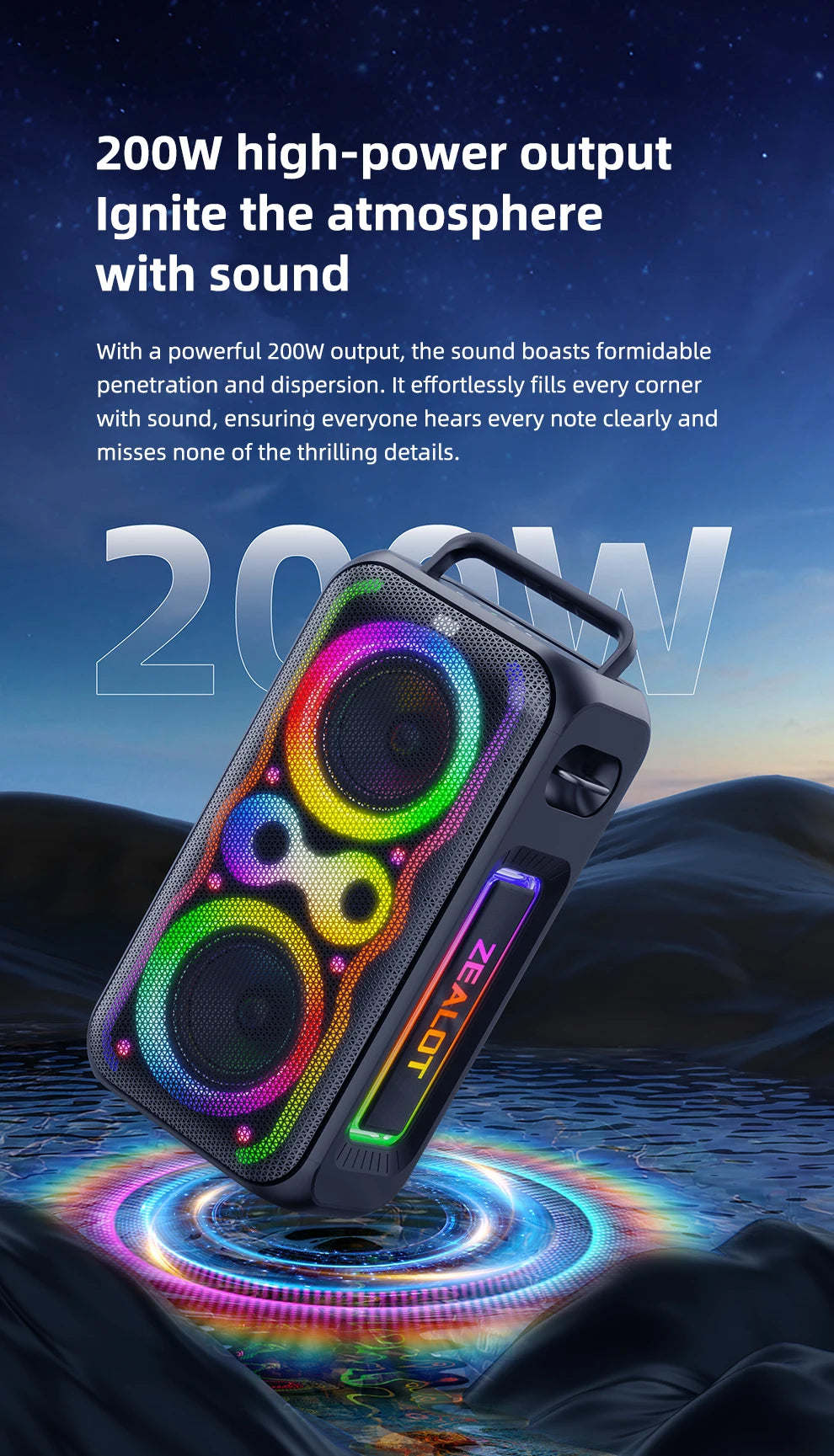 ZEALOT-PT21 200W Kabelloser Bluetooth-Lautsprecher, tragbarer Outdoor-Lautsprecher mit sattem Bass, Stereokopplung, Reverse Charging,