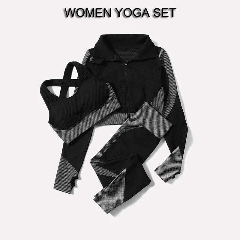 2/3tlg Damen Yoga Anzug Nahtlos Gestrickte Yogahose Leggings Kleidung Reißverschluss Langarm Crop Top Fitnesskleidung Sportbekleidung Gym Set