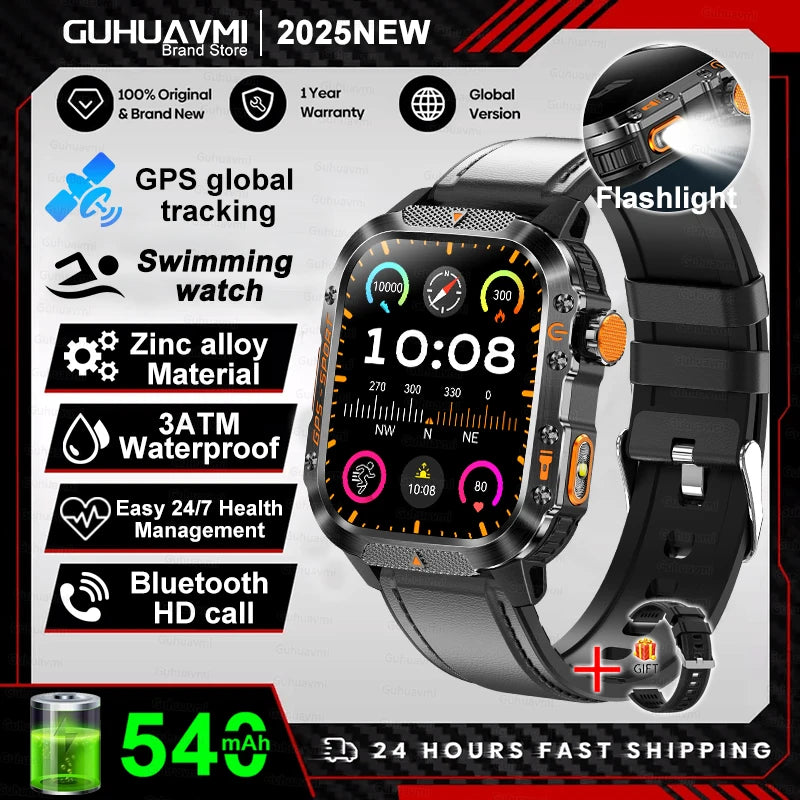 2025Neue GPS Smartwatch für Xiaomi IOS Militärkompass Taschenlampe Smartwatch Herren 10ATM Wasserdicht 100+Sportmodi BT Anruf Uhr