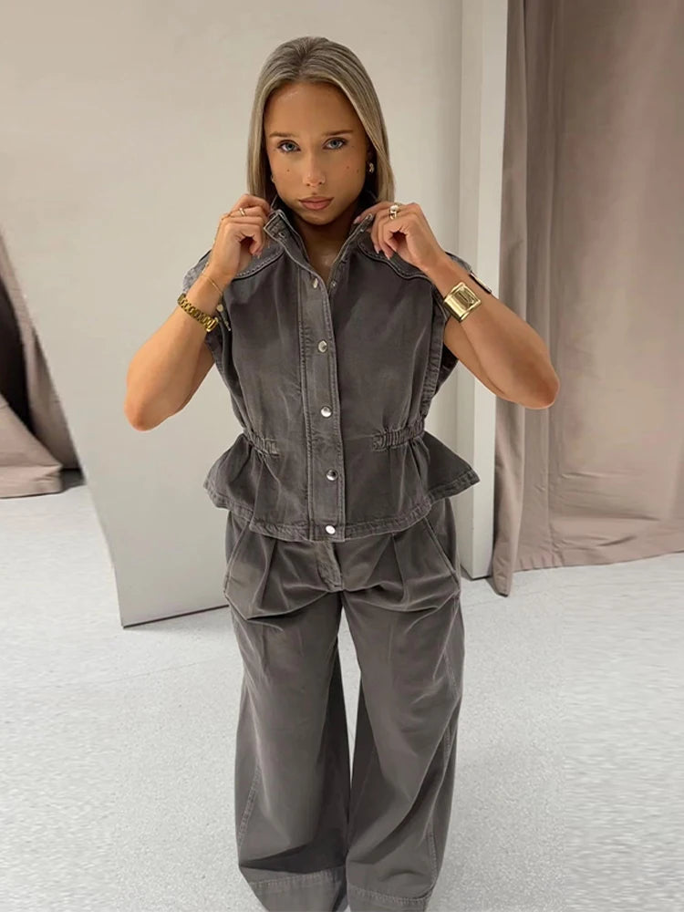 Jeansweste Lockere Lange Hose Damen Set Stehkragen Einreiher Taillierte Oberteile Hohe Taille Hose Schicke Lässige Damen Neue Sets