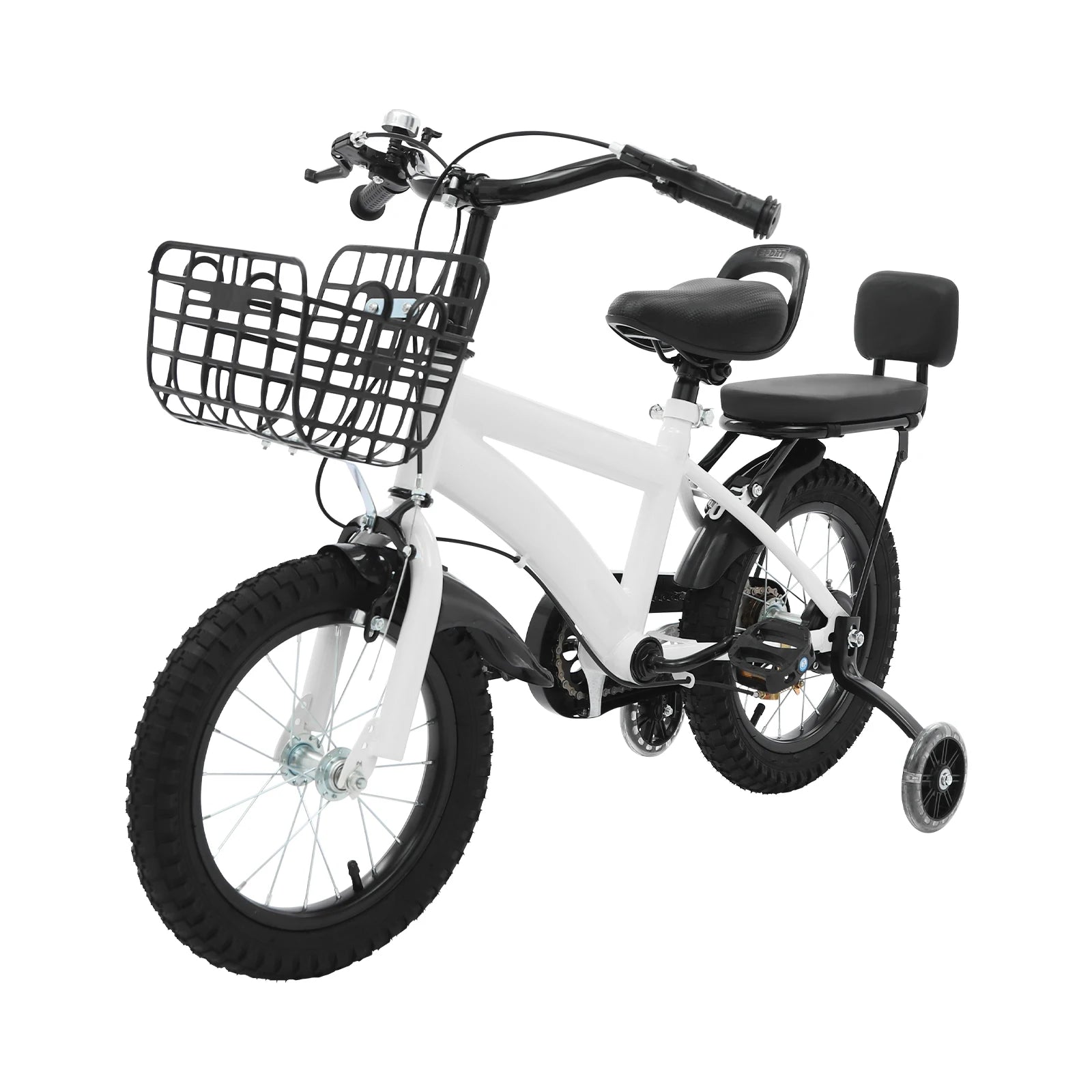 14" Kinderfahrrad Verstellbares Kinderfahrrad Belastbarkeit 60kg mit Stützrädern+Korb+Rückenlehne Rücksitz für 3-7 Jahre (Weiß/Schwarz)