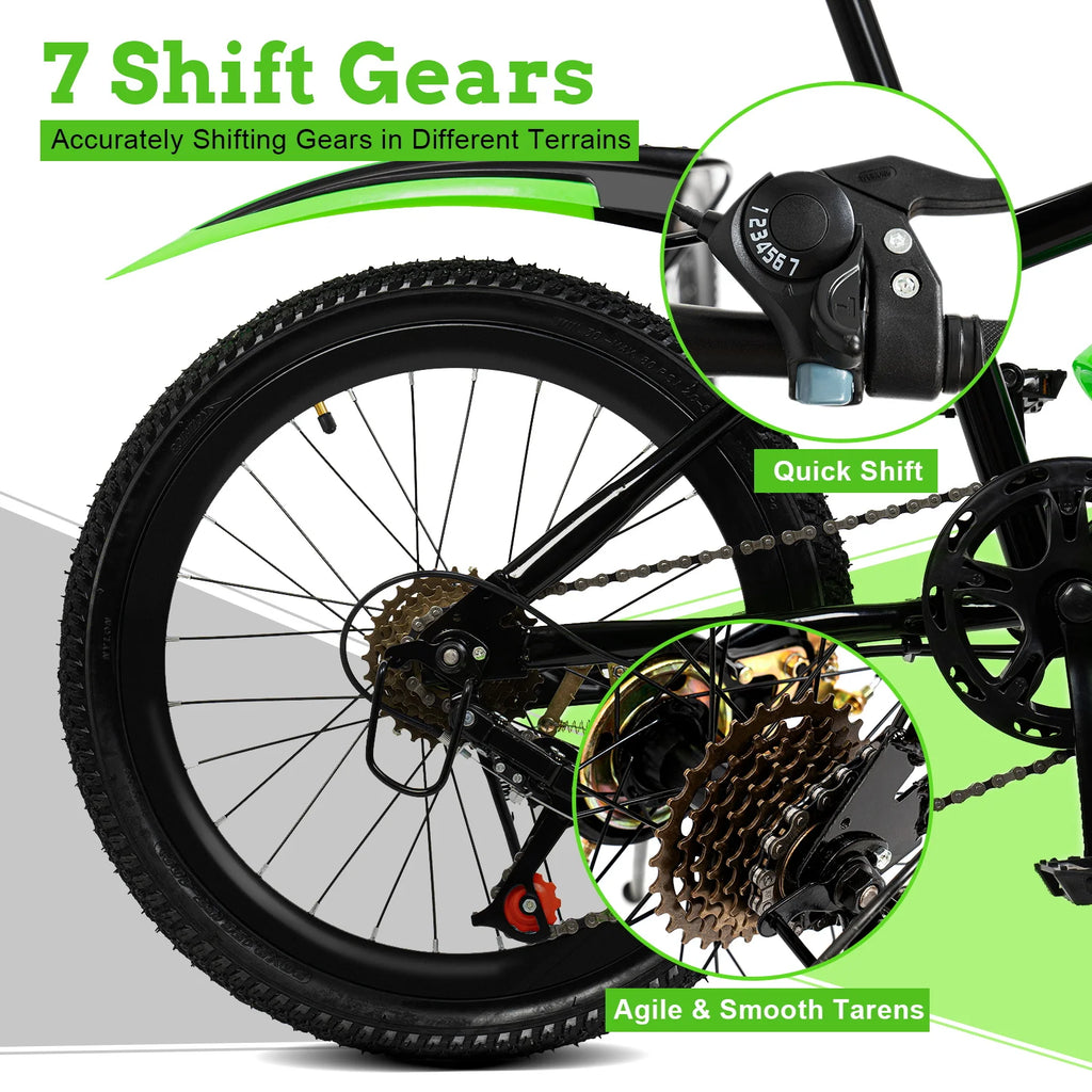 20 Zoll Mountainbike 7 Gänge, Verstellbarer Sattel Kinderfahrrad mit Schutzblechen und Flaschenhalter für Jungen und Mädchen 8-13 Jahre