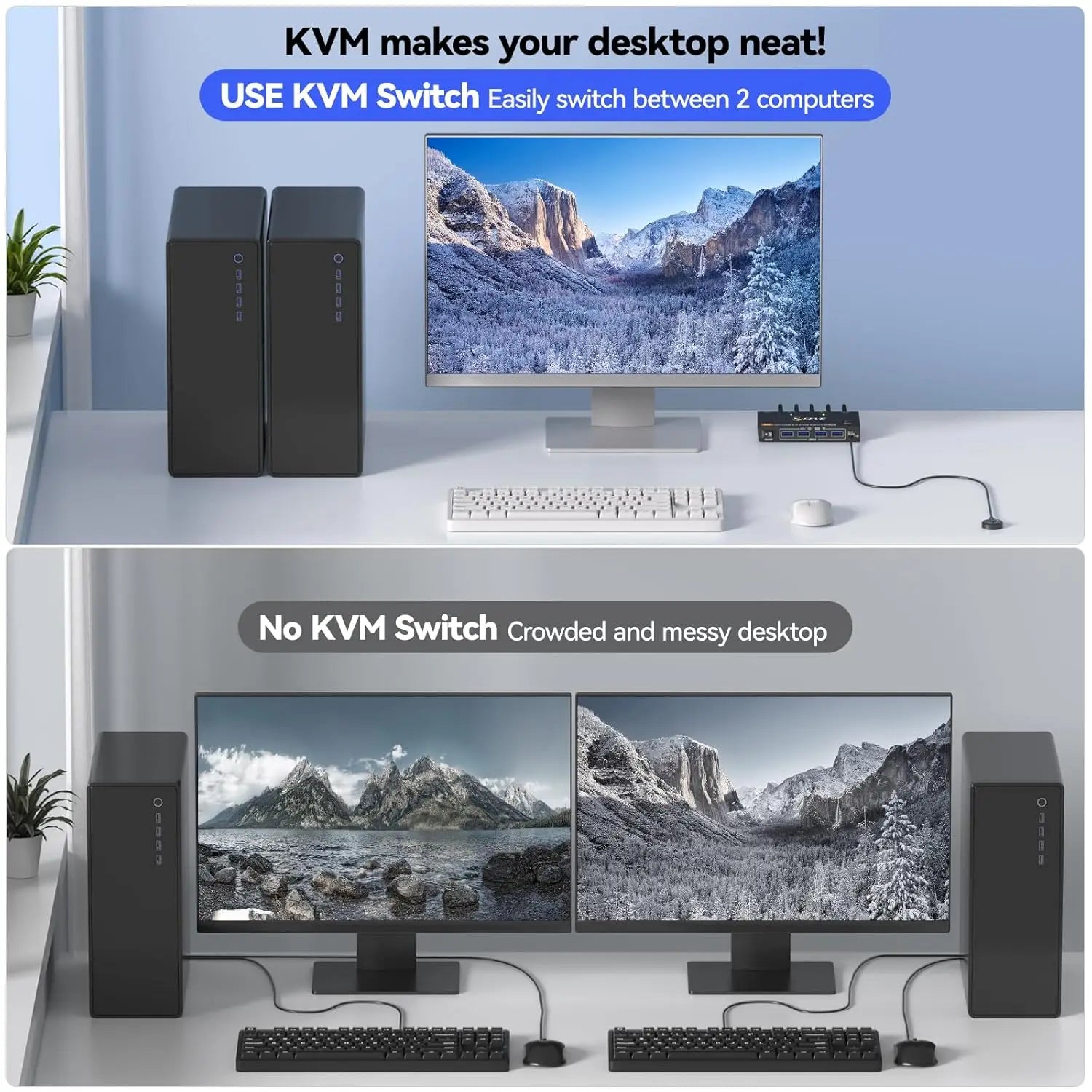 KCEVE 8K DisplayPort KVM Switch 2 Computers 1 Monitor ,8K@60Hz/4K@240Hz DP KVM Switch for 2 PC 1 Monitor to Share Mouse,Keyboard