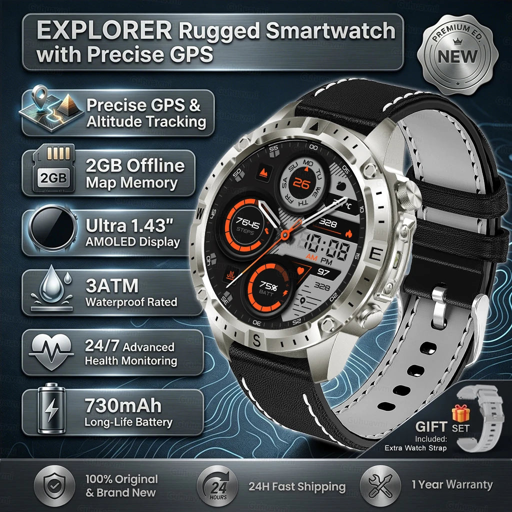 Smartwatch für Herren GPS Offline-Karten 2G ROM 10ATM Wasserdicht Herzfrequenz Tauchen Skifahren Wandern Robuste Smartwatch für Damen und Herren