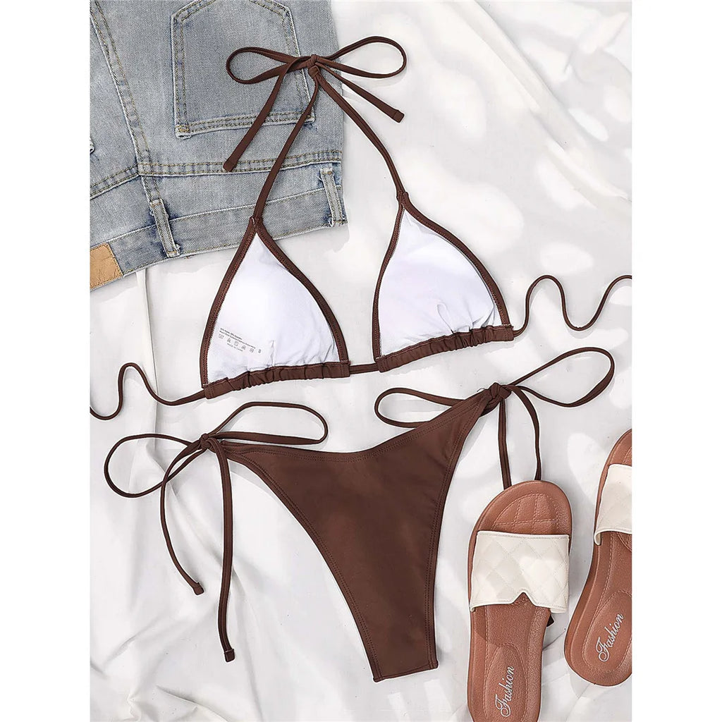 7 Farben Neckholder Brasilianischer Bikini Damen Bademode Weiblicher Badeanzug Zweiteiliges Bikini-Set Gepolsterter Badeanzug Damen V3536