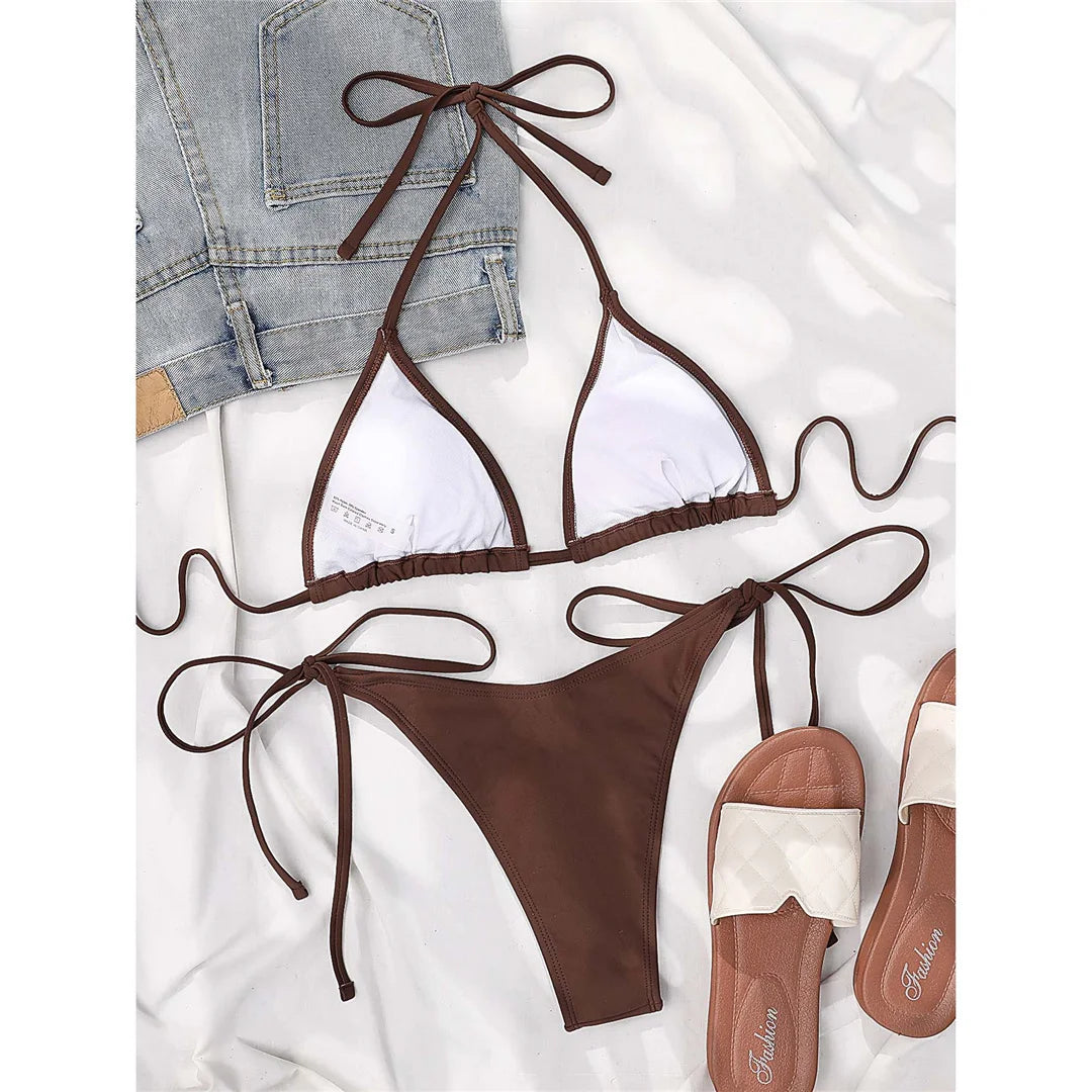 7 Farben Neckholder Brasilianischer Bikini Damen Bademode Weiblicher Badeanzug Zweiteiliges Bikini-Set Gepolsterter Badeanzug Damen V3536