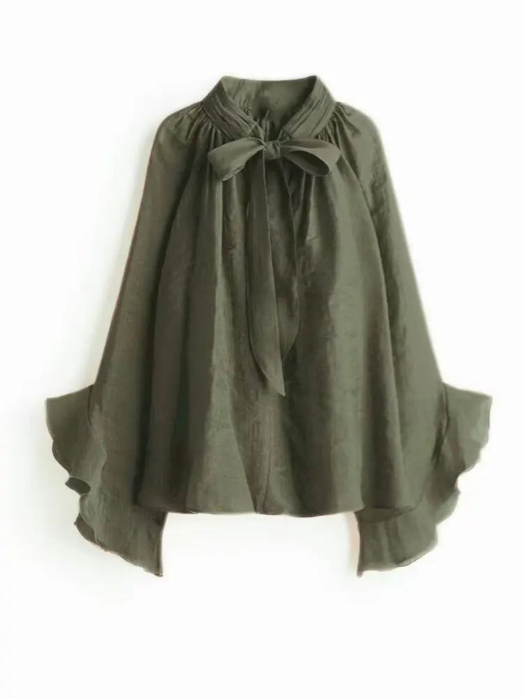 NLZGMSJ Schleifendekoration Locker Langärmlige Blusen für Damen Neue Mode Rüschenkante Hemden und Blusen Damen Top