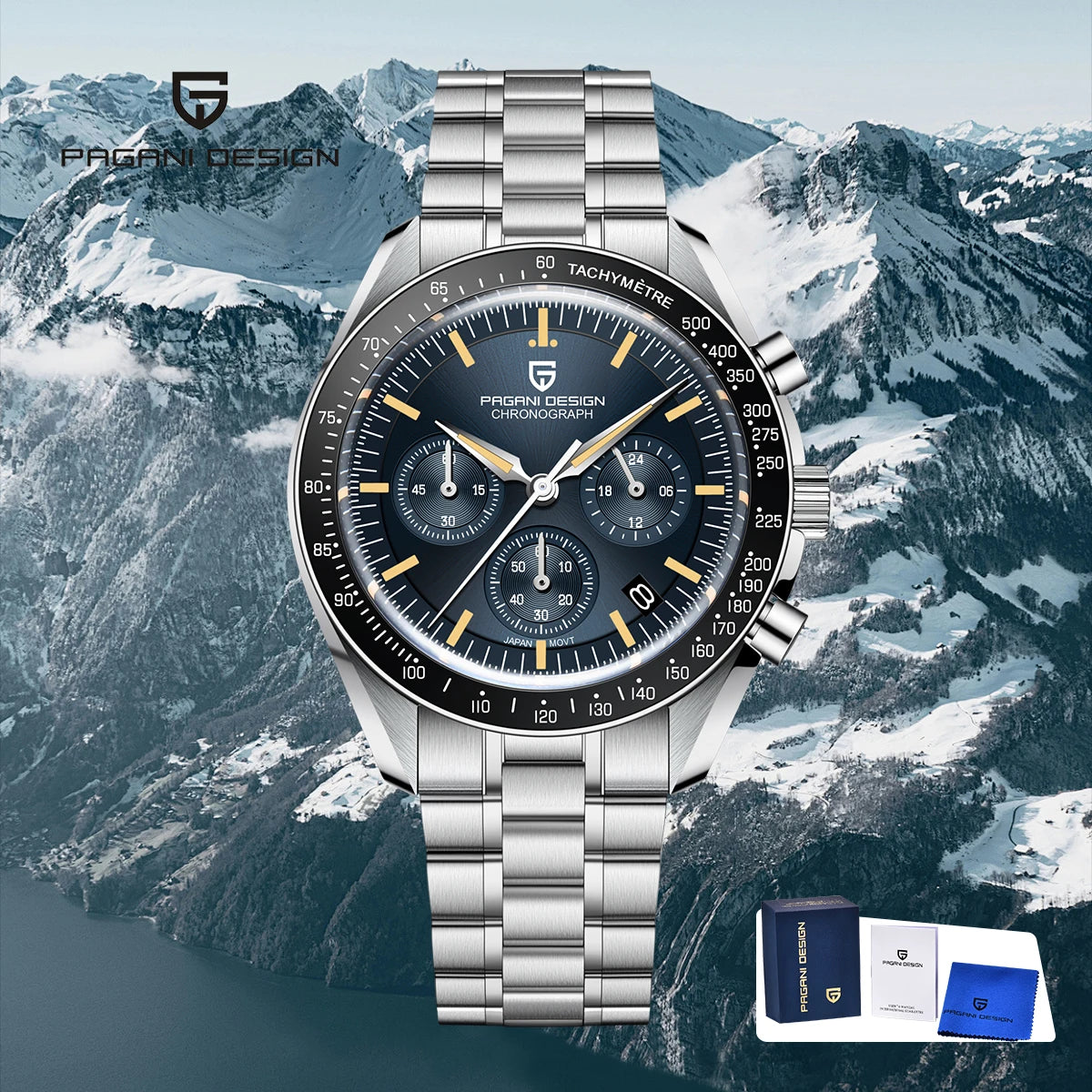 Neue PAGANI DESIGN Moon Men Uhr Retro-Luxus-Quarzuhren für Herren Edelstahl Sport wasserdicht Chronograph Herren+Mit BOX