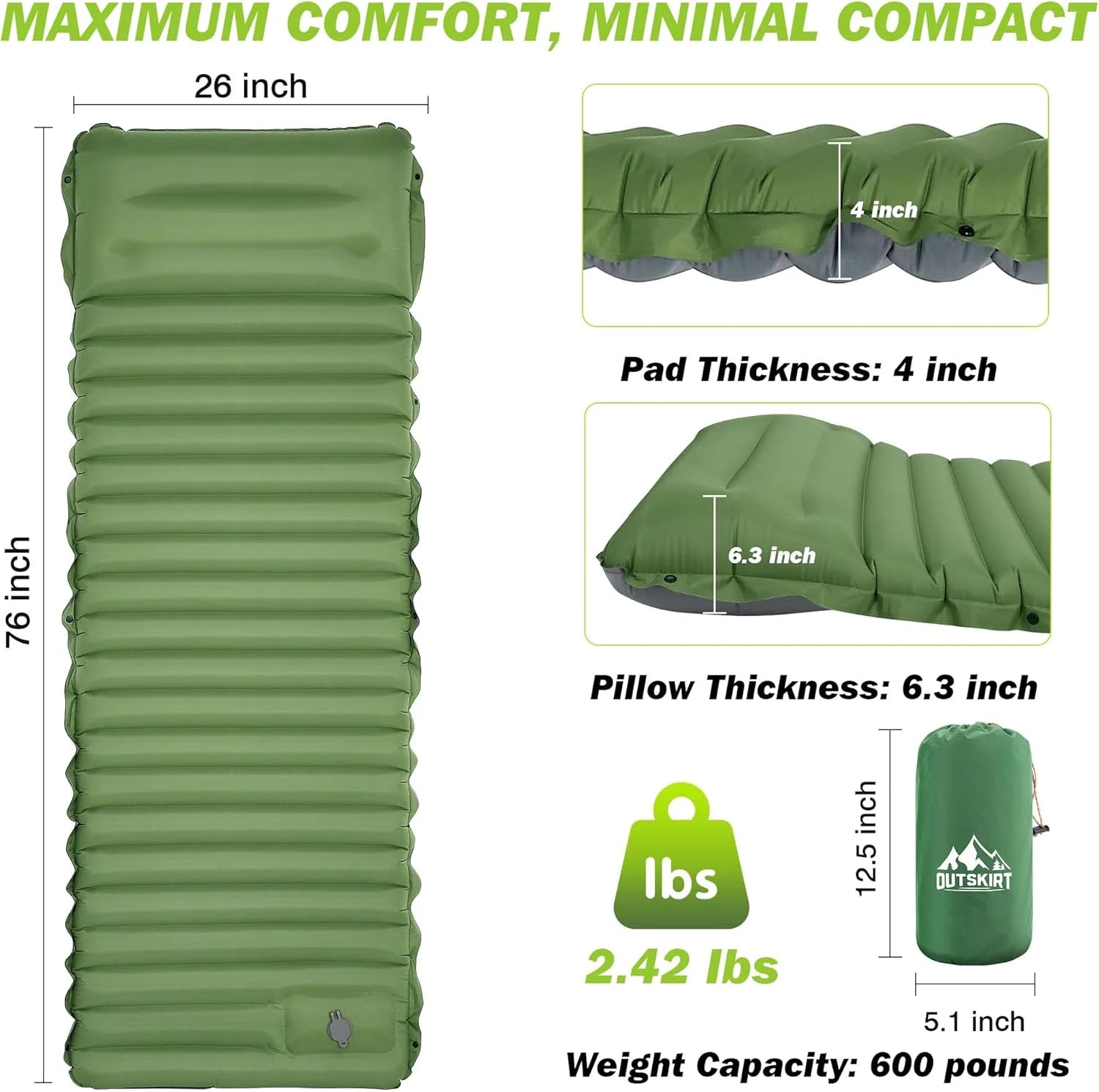 Extra dickes, 10 cm hohes Camping-Schlafpolster, selbstaufblasende Outdoor-Campingmatten, miteinander verbindbares Schlafpolster zum Wandern und Angeln