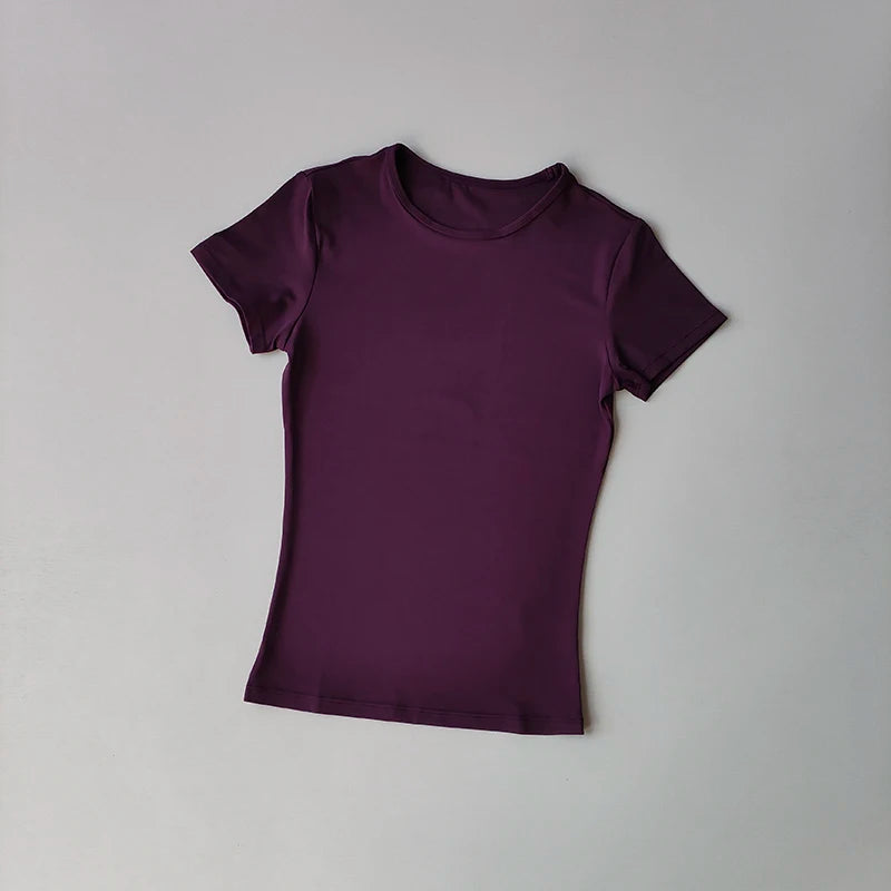Hautenge, einfarbige Yoga-Kleidung für Damen: Schnelltrocknendes, elastisches, eng anliegendes T-Shirt, Fitness-Oberteil
