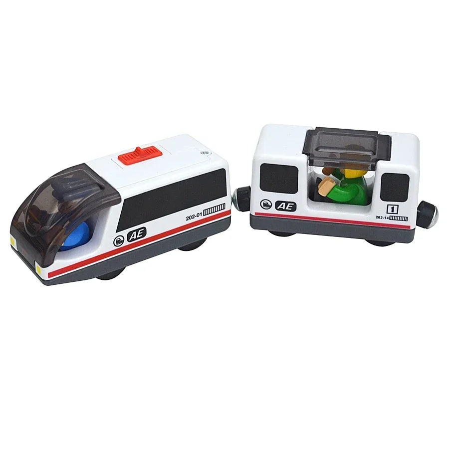 Magnetischer elektrischer Zug Lokomotive Holzeisenbahn Schlitz Diecast Eisenbahn mit zwei Waggons Zug Holz Kinderspielzeug Biro Leduo Strecke