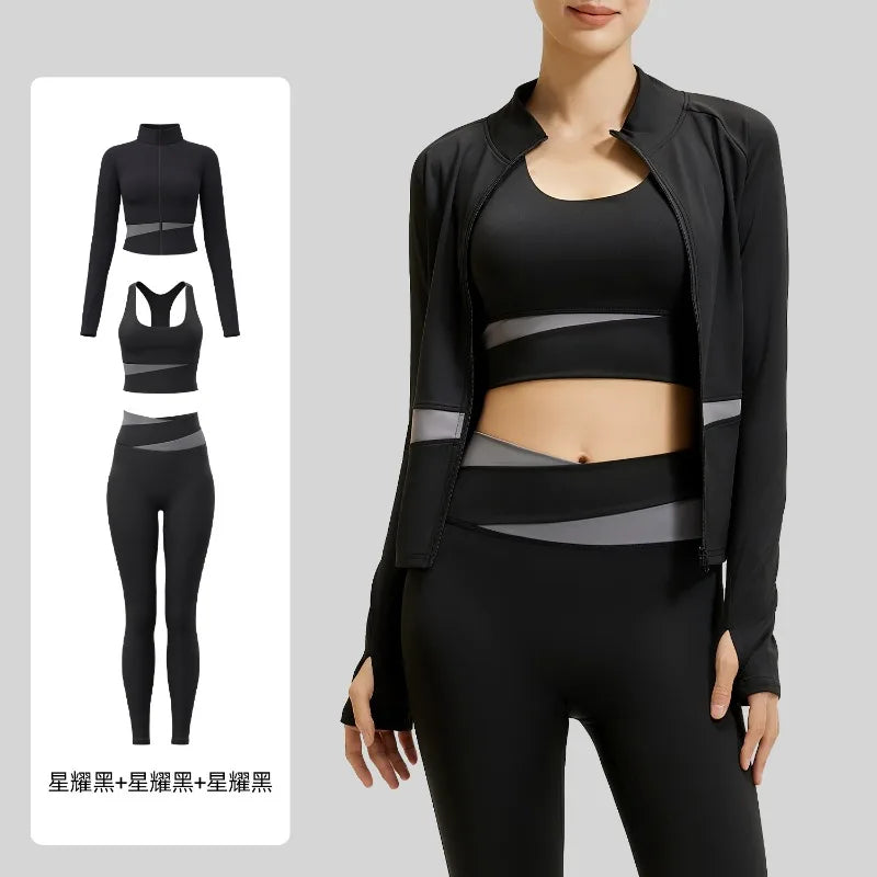 Yoga Set 3-teilig, Gym Kleidung, Sportbekleidung, Yoga Anzüge für Damen, Langarm Crop Top, Fitness Set, Trainingsanzüge, Sport-BH, Gym Leggings