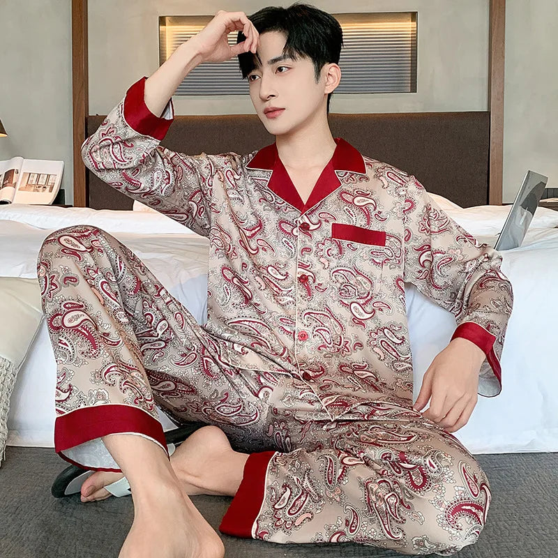 Hochwertiger Pyjama-Anzug Herren Sommer Kurzarm Shorts Eisseide Nachtwäsche Herren Sommer Große Größe Einfaches Freizeit-Loungewear-Set