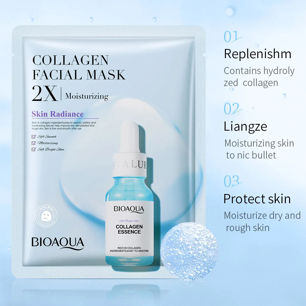 20 Stück BIOAQUA Centella Collagen Gesichtsmaske VC Feuchtigkeitsspendende Erfrischende Tuchmasken Hyaluronsäure Gesichtsmaske Hautpflegeprodukte