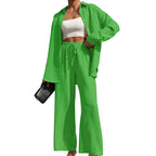 Zweiteiliges Set für Damen: Einfarbiges Hemd mit Knopfleiste und Hose mit weitem Bein und Bindedetail, lässige Bluse mit überschnittenen Schultern und langen Ärmeln & Hose