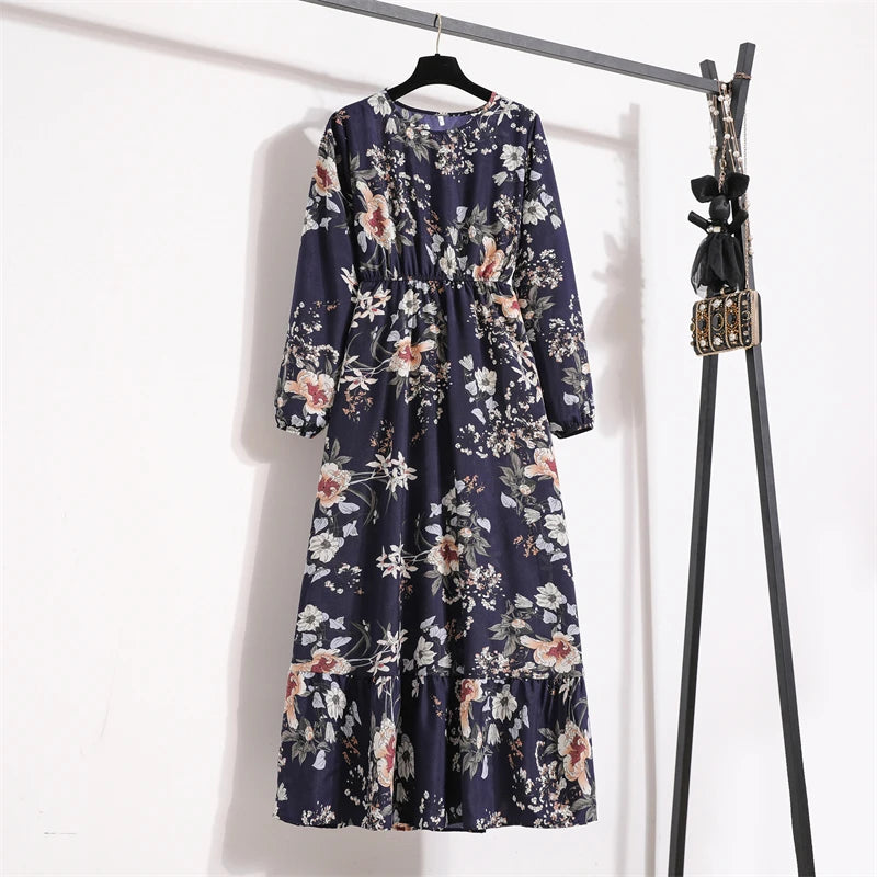 Frühling Sommer Damen Maxikleider Casual Langarm Geblümt O-Ausschnitt Damen Boho Strandparty Langes Kleid Mujer Vestidos