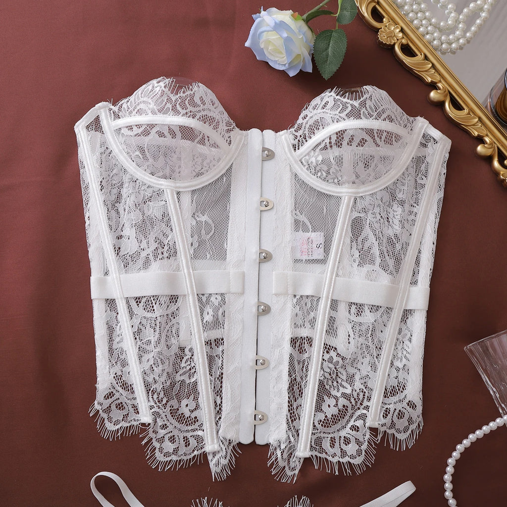 Ellolace Palace Damen Dessous Sets Weidenkorsett String 2-teiliges Set Sexy Heiß Trägerlos Spitze Ausgefallener tiefer V-Ausschnitt Damen Unterwäsche