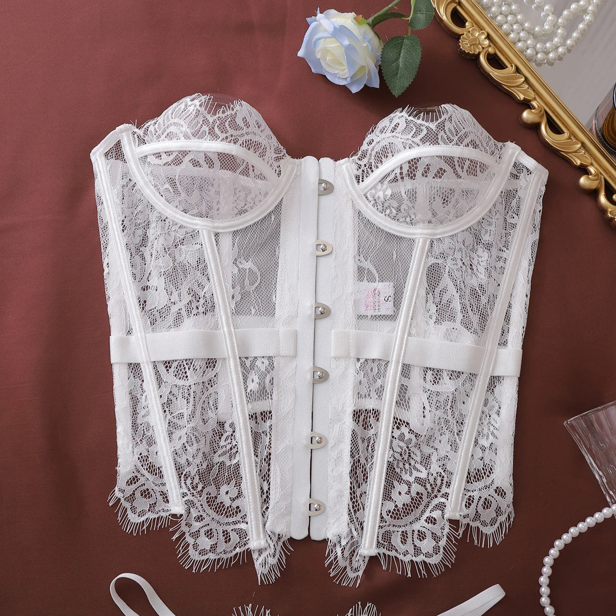 Ellolace Palace Damen Dessous Sets Weidenkorsett String 2-teiliges Set Sexy Heiß Trägerlos Spitze Ausgefallener tiefer V-Ausschnitt Damen Unterwäsche