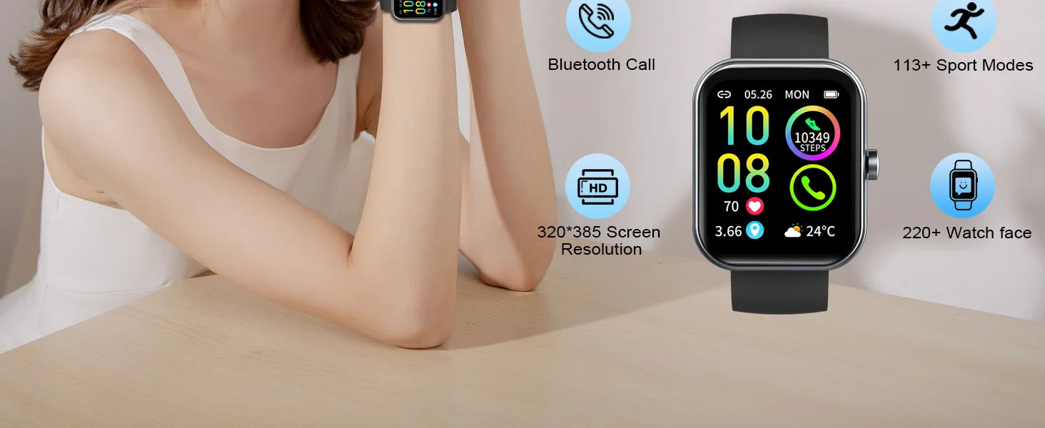 Smartwatch (Anrufe annehmen/tätigen), 1,96" Smartwatch, Fitness-Tracker, Schlafmonitor, Schrittzähler, über 100 Sportmodi, IP68 wasserdicht