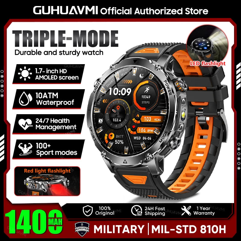 2026 Neue TANK Ultra 1400mAh Akku Militär Smartwatch 10ATM Wasserdicht Herzfrequenz Taktische LED Taschenlampe Herren Sportarmband