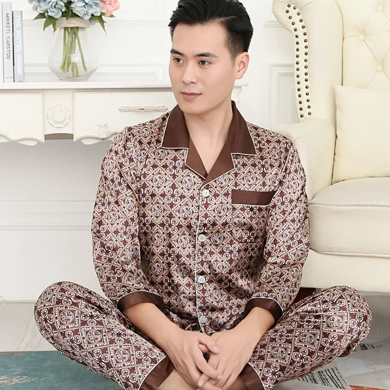 Hochwertiges Pyjama-Set Herren Frühling Herbst Dünn Polyester Eisseide Langarm Schlafanzug Übergröße Sommer Hauskleidung Männlich