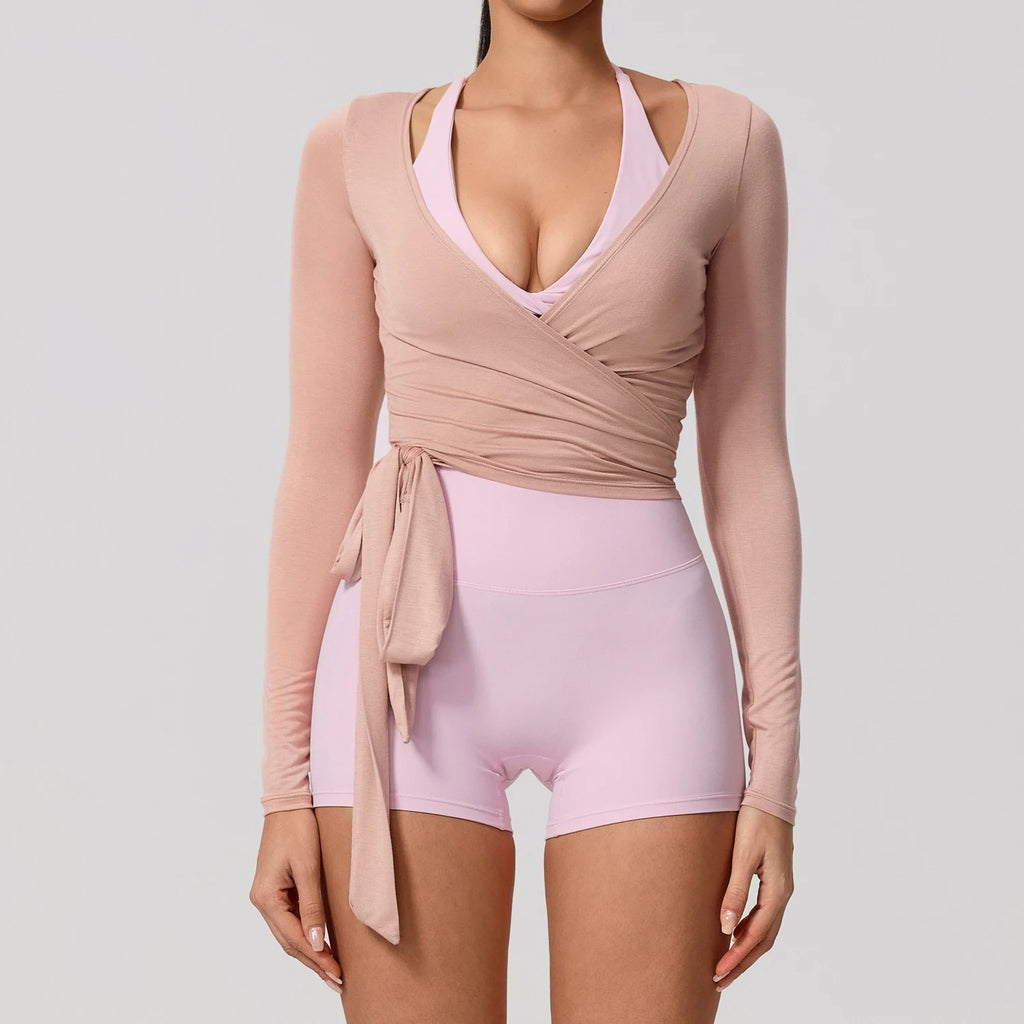 Neue Sommer Damen Yoga Langarm Einteiler Träger Yoga Kleidung Weibliches Training Premium Ballett WickeloberteileFrauen Fitness Sport Top