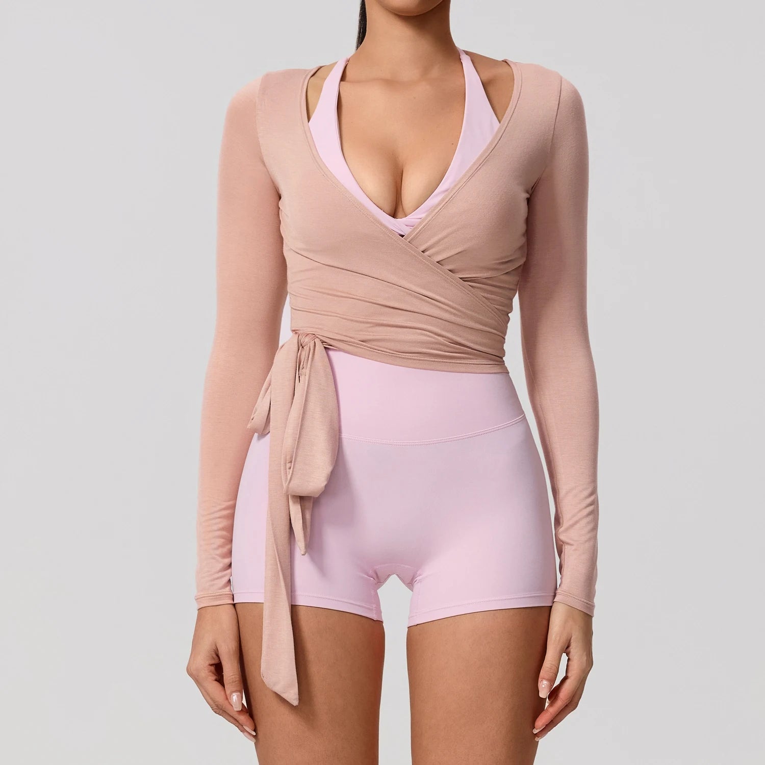 Neue Sommer Damen Yoga Langarm Einteiler Träger Yoga Kleidung Weibliches Training Premium Ballett WickeloberteileFrauen Fitness Sport Top