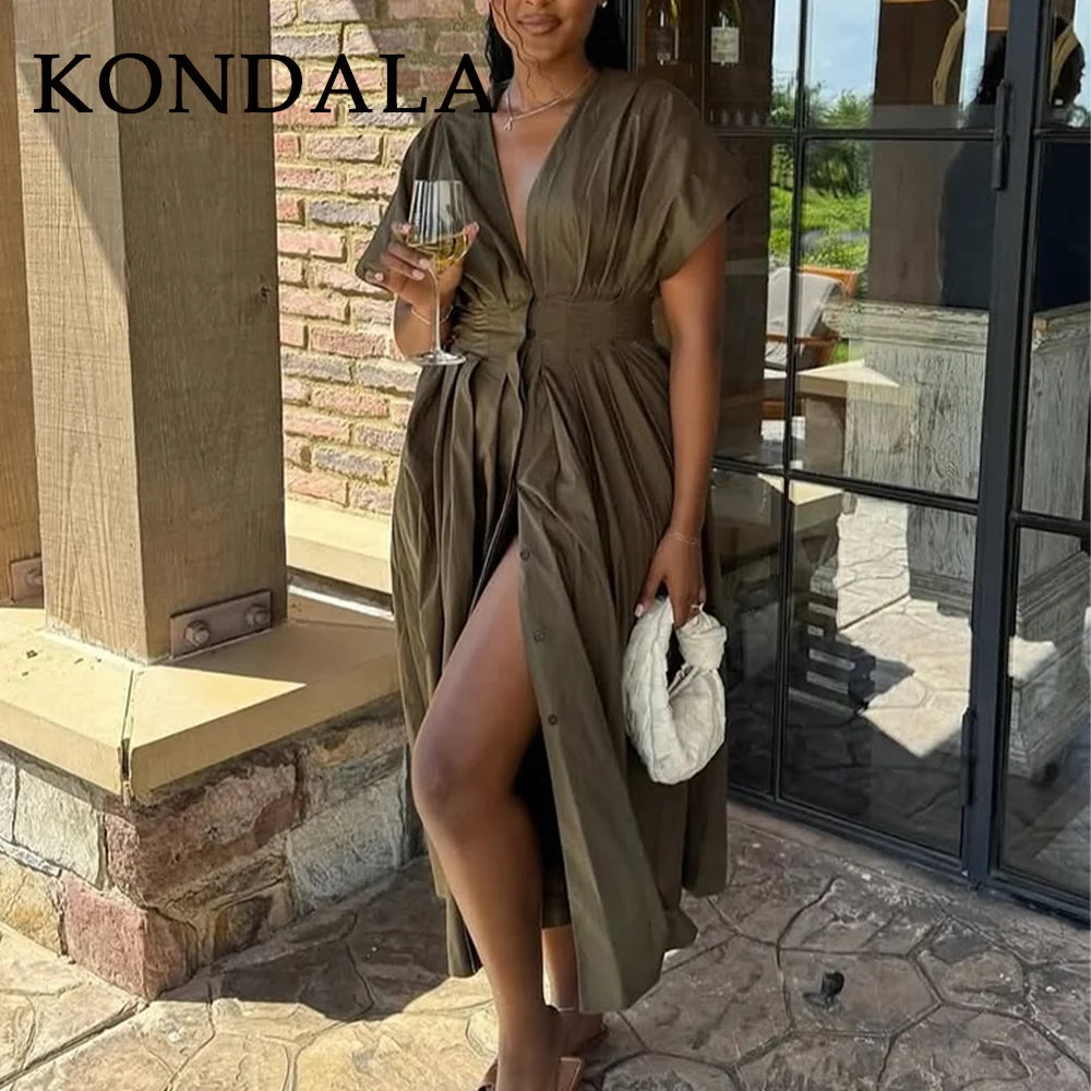 KONDALA 2026 Frühling Sommer Vintage Damenkleid Mode Einreihig Schärpen Drapierter V-Ausschnitt Ärmellos Schicke Braune Damenkleider