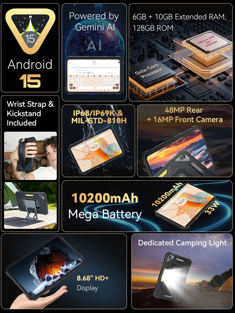 Android Tablet Cubot TAB KingKong Mini, 10200mAh Mega Akku 16GB(6+10), 128GB, Camping-Licht, 8,68 Zoll Bildschirm, 48MP Kamera, GPS