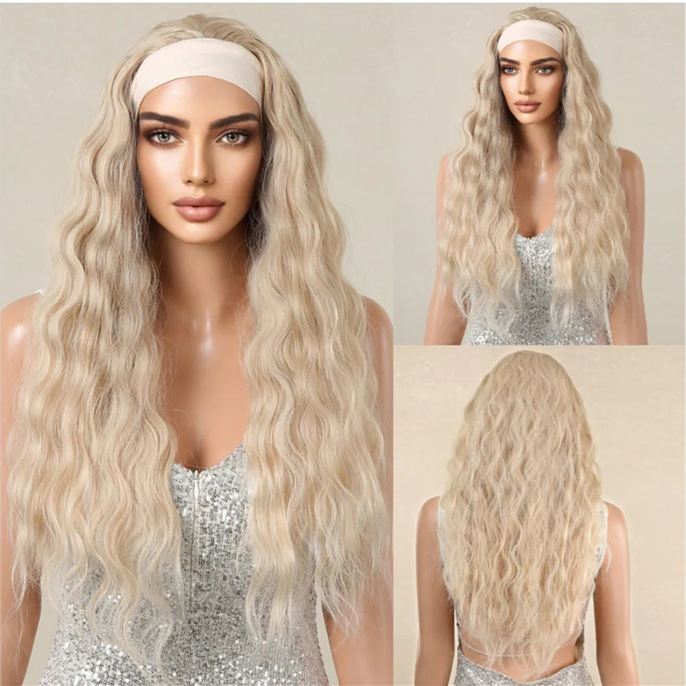 ALAN EATON Lange blonde synthetische Stirnbandperücke Ombre Blond glattes Haar Perücken natürlich aussehend Hitzebeständige Faser für den täglichen Gebrauch