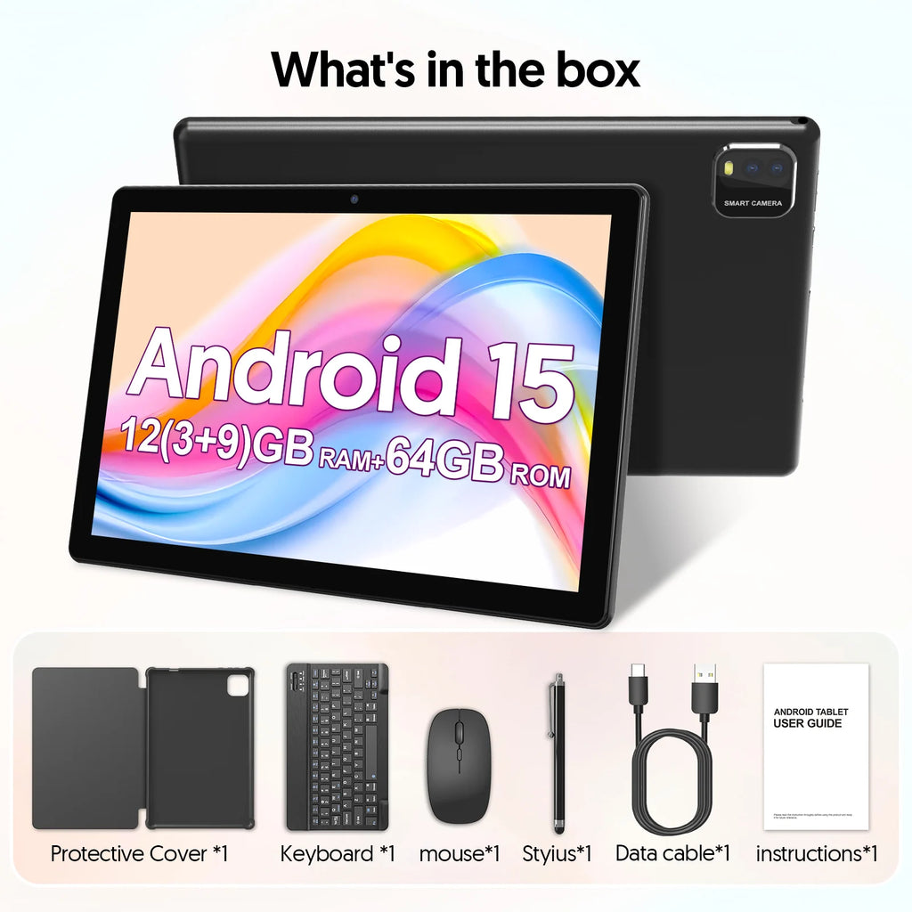 Neueste globale Version Android 15 Tablet, 10-Zoll-Tablet, Quad-Core-Prozessor, 1280*800 Auflösung, 12 (3+9) GB RAM, 64 GB Speicher