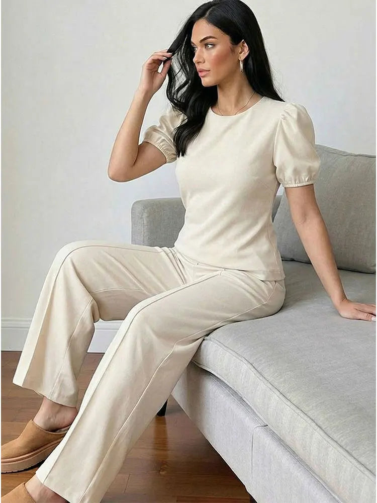 HH Damen Elegantes Beiges Set, Rundhals-T-Shirt, Einfarbiges Puffärmel-Oberteil, Lässige Weite Hosen, High Street Chic Outfit Zweitbild