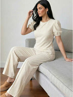 HH Damen Elegantes Beiges Set, Rundhals-T-Shirt, Einfarbiges Puffärmel-Oberteil, Lässige Weite Hosen, High Street Chic Outfit