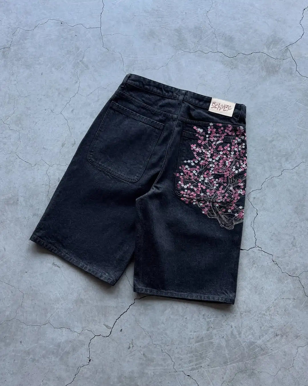 Vintage Low Waist Hip Hop Kirschblüten bestickte Jeans Weite Hose Y2K Kleidung Herren Damen Bestickte Baggy Jeans