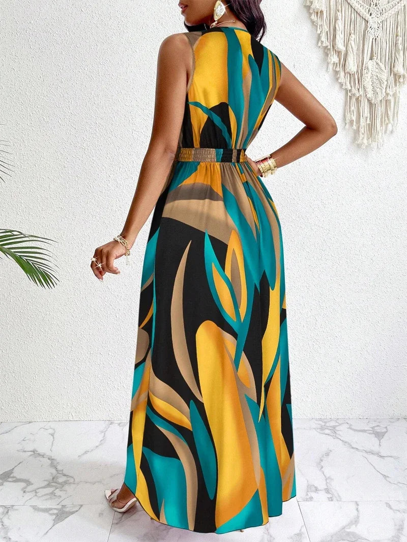 Ärmelloses, bodenlanges V-Ausschnitt-Kleid für Damen mit abstrakten Prints – modisch für Strand und legere Anlässe Zweitbild