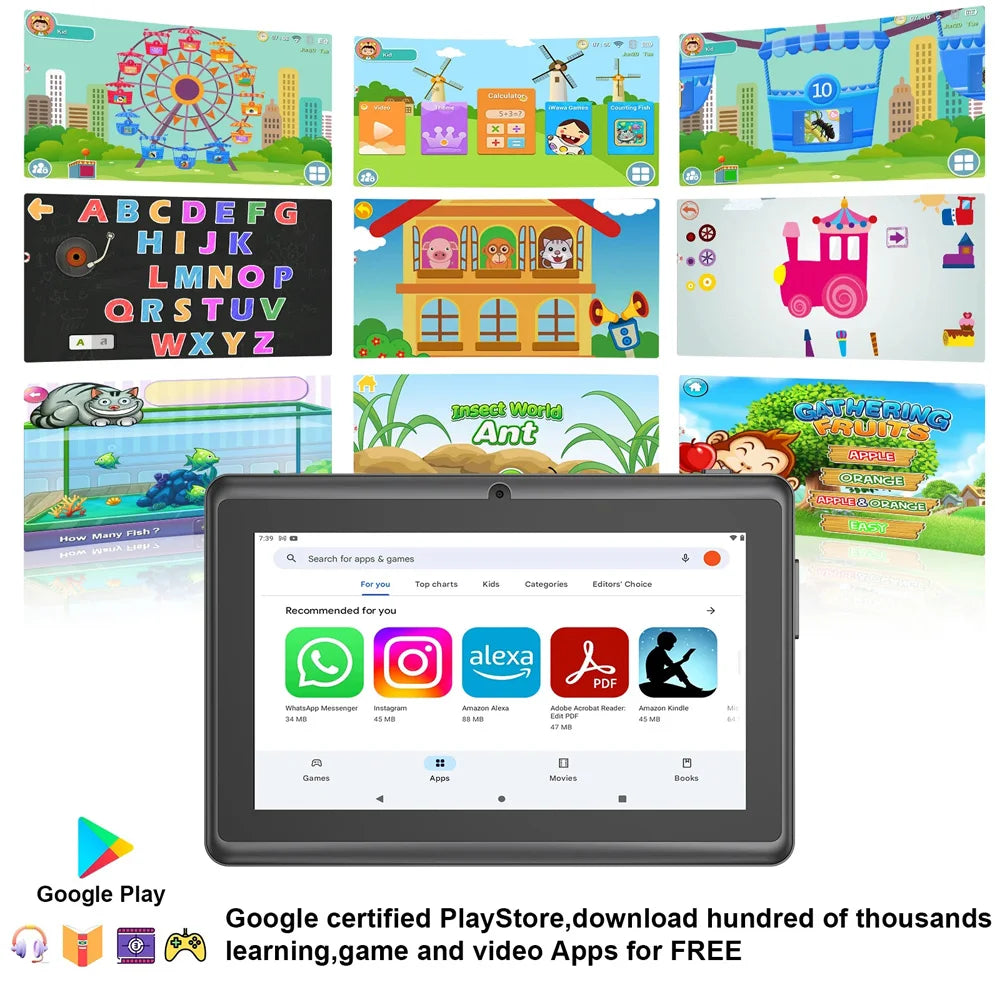 Neues 7-Zoll-Kinder-Tablet Android 13, 4GB RAM 64GB ROM, 1TB erweiterbar, WiFi, Bluetooth, 4000mAh Akku, Software mit Schutzhülle
