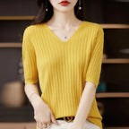 Damen Pullover Frühling Sommer Kurzarm V-Ausschnitt Strickshirt Lässige koreanische Pullover Gestreiftes Unterziehshirt Slim Fit Pullover