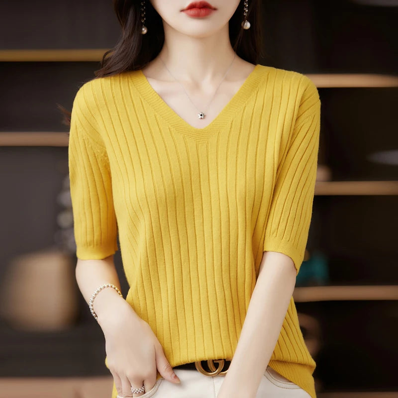 Damen Pullover Frühling Sommer Kurzarm V-Ausschnitt Strickshirt Lässige koreanische Pullover Gestreiftes Unterziehshirt Slim Fit Pullover