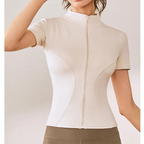Slim Fit Kurzarm Yoga Shirt Damen Stehkragen Reißverschluss Jacke High End Lauf Sport Fitness Top