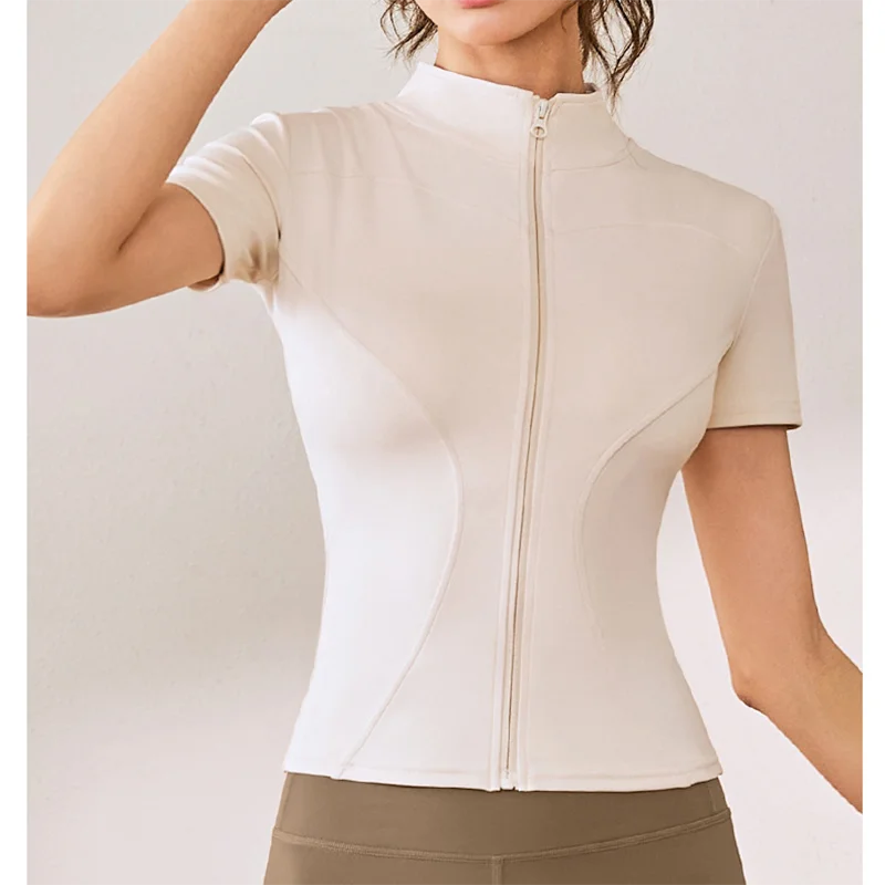Slim Fit Kurzarm Yoga Shirt Damen Stehkragen Reißverschluss Jacke High End Lauf Sport Fitness Top