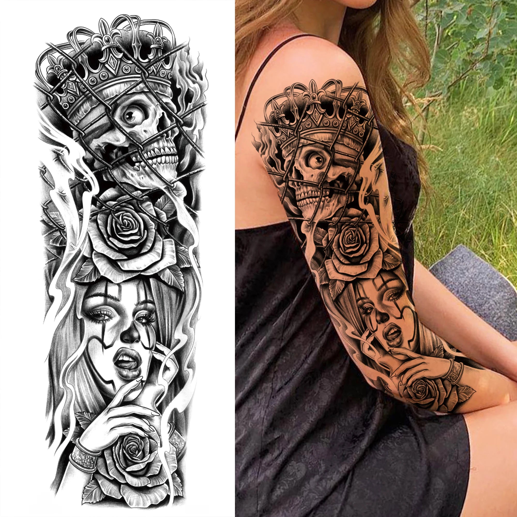 1 Sheet Full Arm Compass Zeus Skull Tiger Lion Flower Temporary Tattoos Sleeve For Men Women Adults Fake Temp Sticker Tattoo