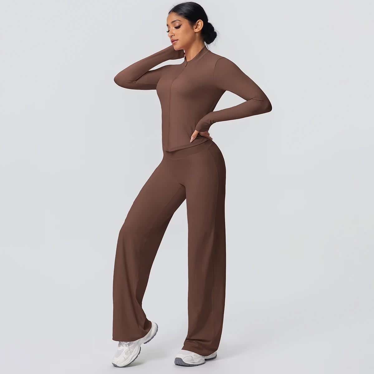 2-teiliges schnelltrocknendes Sport-Fitness-Bekleidung Yoga-Set Damen Yoga Reißverschluss Langarm High Waisted atmungsaktive weite Hose Set