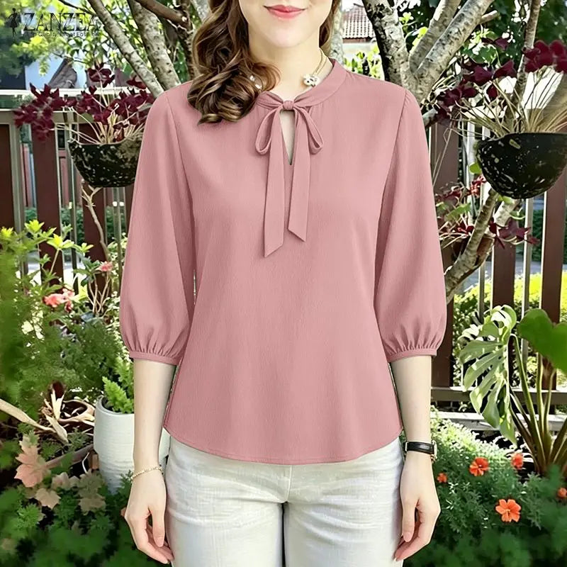 Sommerliche, unifarbene Bluse 2026 ZANZEA Damen Tops Trend Freizeit O-Ausschnitt Kurzarm Blusen Damen Elegant OL Arbeitshemd Mujer Zweitbild