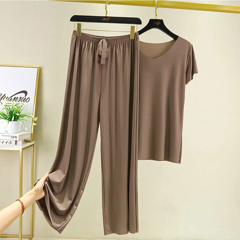 Zweiteiliges Set Damen Oberteil und Hose Sommer 2-teilige Sets Damen Outfits Urlaub 2026 neue Kollektion weite Hose elegant lässig Hauptbild
