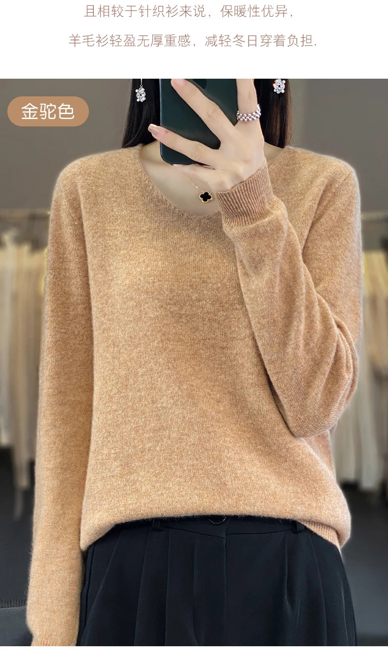 Damen 100% Merinowolle Pullover V-Ausschnitt Basic Pulli Herbst Winter Kaschmir Kleidung Langarm Weiche Strickware Oberteile Unifarben