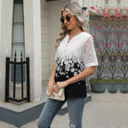 Sommerhemden Damen Spitze Patchwork Kurzarm Bluse Blumendruck Kleidung Mode Street Casual Täglich V-Ausschnitt Knopfleiste Tops 2025