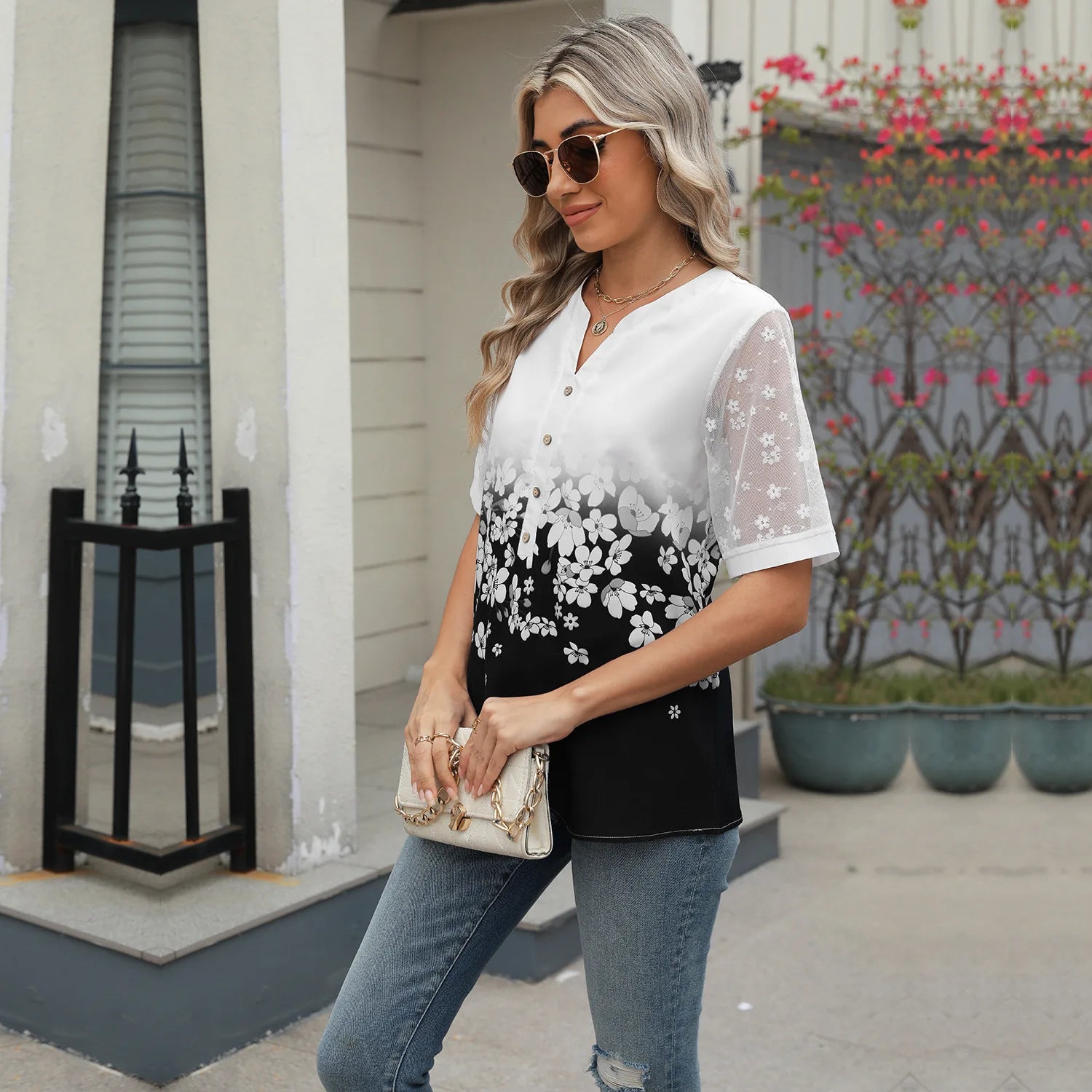 Sommerhemden Damen Spitze Patchwork Kurzarm Bluse Blumendruck Kleidung Mode Street Casual Täglich V-Ausschnitt Knopfleiste Tops 2025