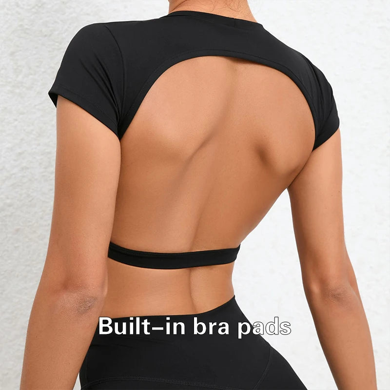 Hearuisavy Sommer Personalisierbare Sportshirts Workout Sportbekleidung Rückenloses Yoga-Kleidungsstück Brustpolster Sport Crop Tops Gym Top Damen
