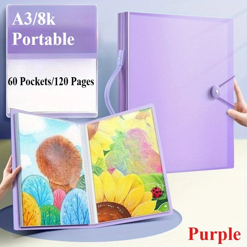 A3 Kunstportfolio 60 Fächer, 120-seitiges Präsentationsbuch mit Griff, Design Blauer Nachthimmel für Künstler, Dokumentenorganizer Büro