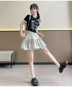 Süße Schleifen Plissierte Flauschige Röcke für Damen Sommer Koreanischer Stil Elastische Taille Laternenrock Damen Lockerer Weißer A-Linien Minirock